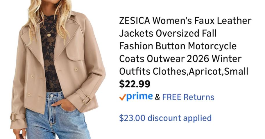 woman wearing tan leather jacket next to Amazon pricing information