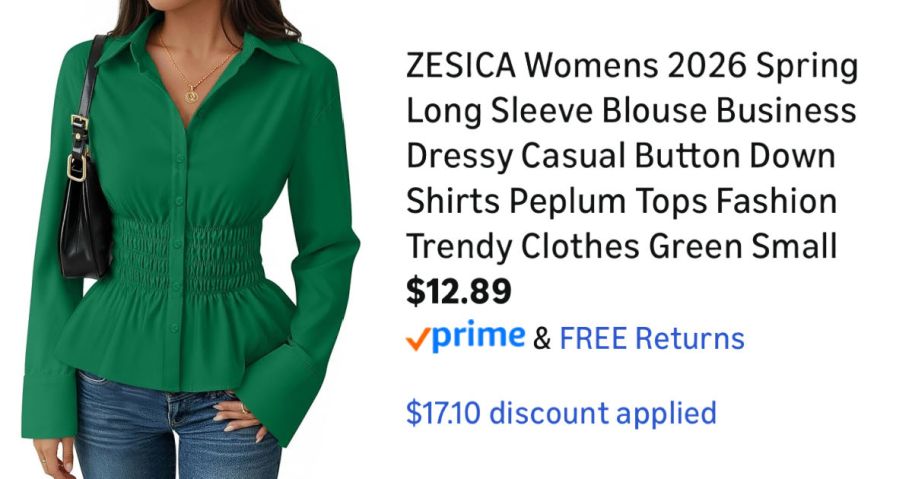 woman wearing green shirt next to Amazon pricing information