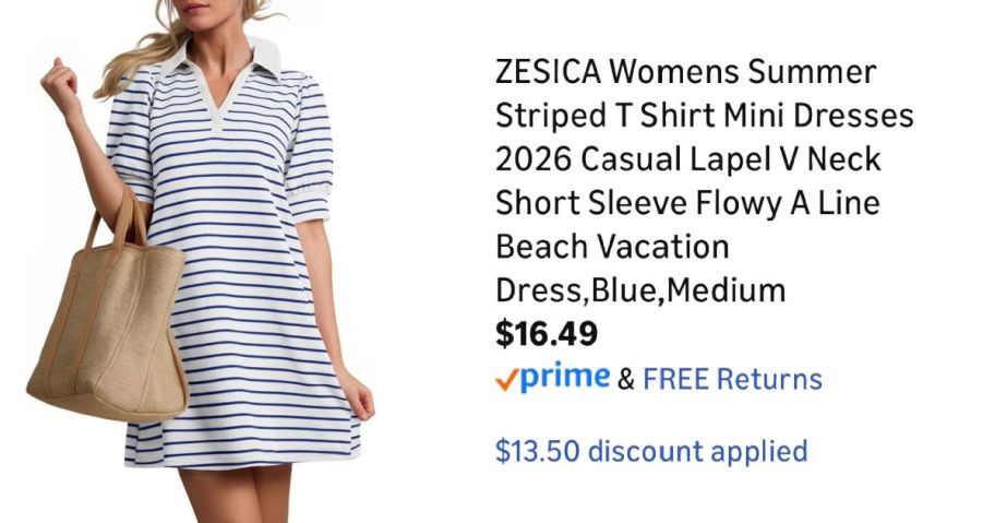 woman wearing striped dress next to Amazon pricing information