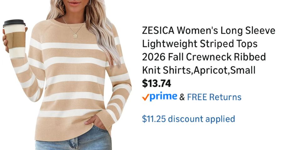 woman wearing striped sweater next to Amazon pricing information