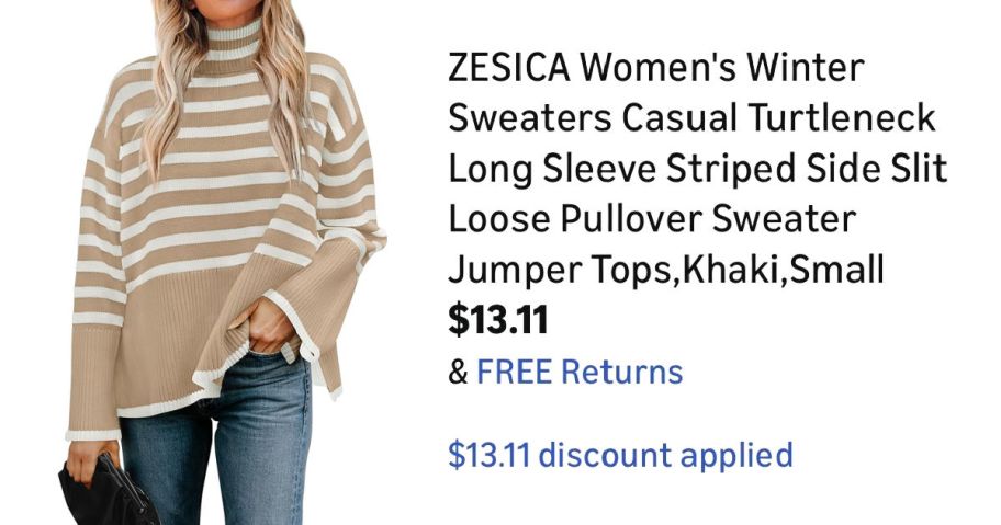 woman wearing striped turtleneck next to Amazon pricing information