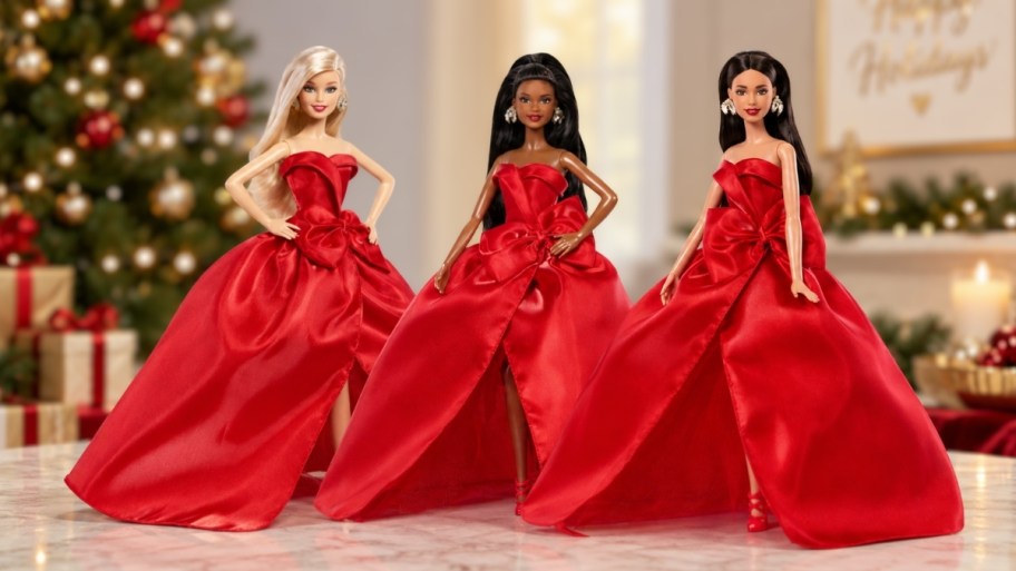 3 holiday barbies in different hair colors