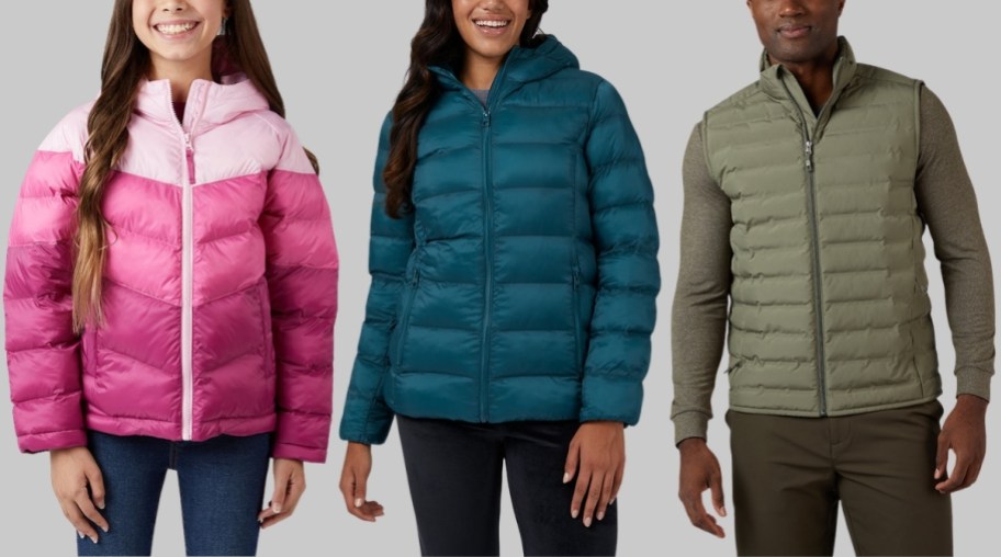 a girl, woman , and man wearing puffer style outerwear
