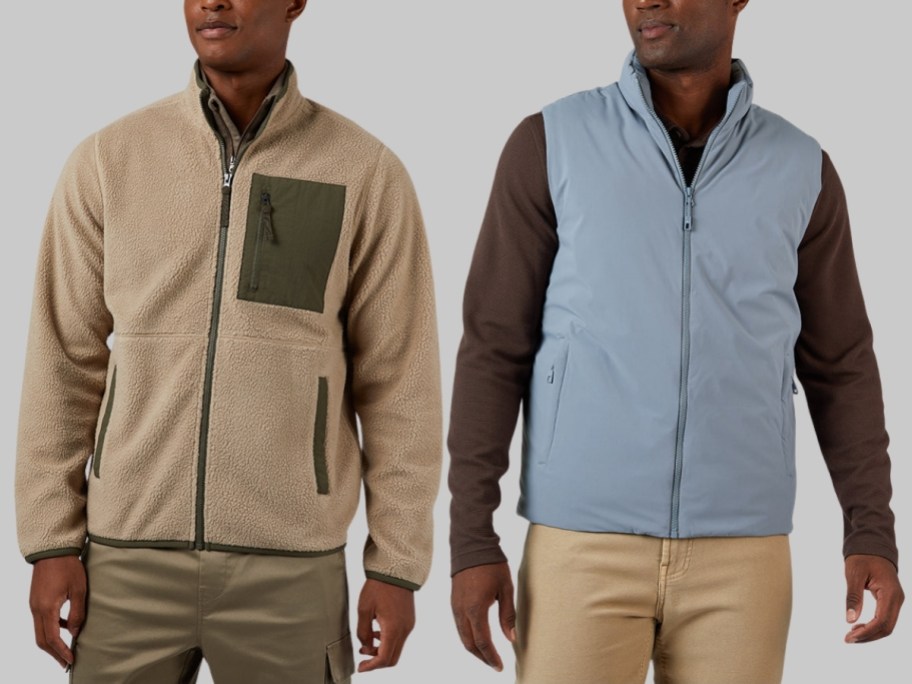 a man in a sherpa jacket and a man in a puffer vest