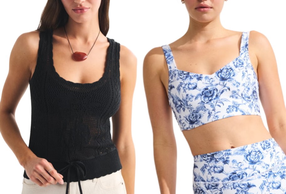 A&F Floral Stitched Tie-Waist Sweater Tank and A&F YPB sculptLUX Sweetheart Sports Bra