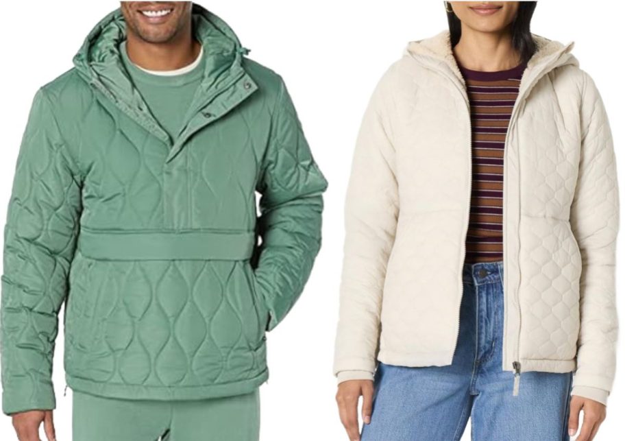 Stock images of a man and a woman wearing Amazon essentials jackets