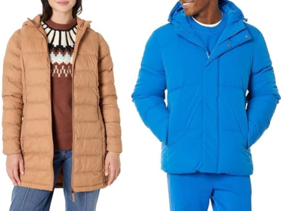 Stock images of a woman and a man wearing Amazon Essentials Jackets