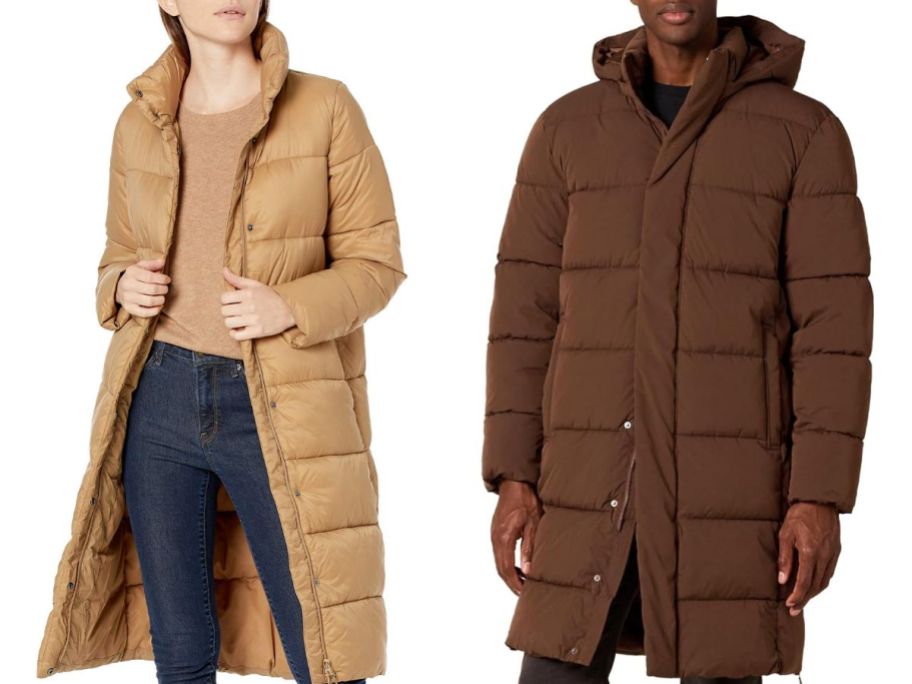 Stock images of a woman and a man wearing Amazon Essentials long puffer jackets