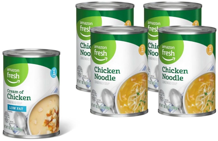 Stock images of Low Fat Cream of Chicken and Chicken Noodle Amazon Fresh Condensed canned Soups