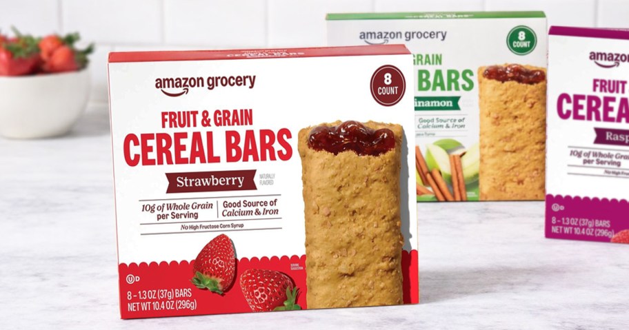 boxes of Amazon Grocery Cereal Bars on a kitchen counter