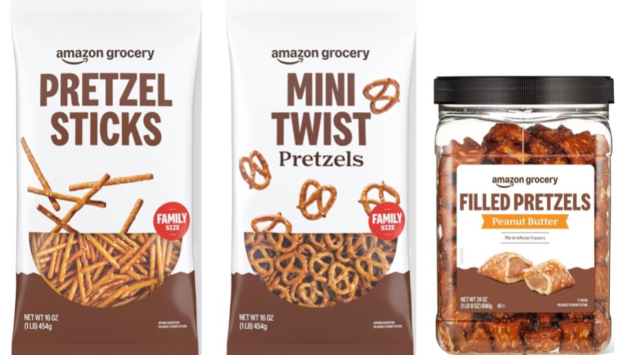 two bags and a jar of Amazon Grocery Pretzels
