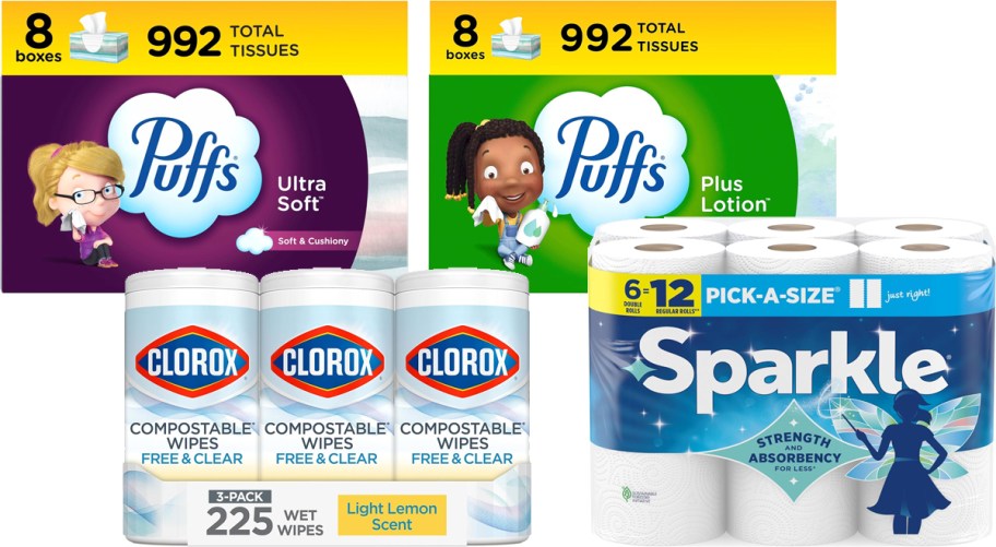 packs of puff tissues, clorox wipes, and paper towels