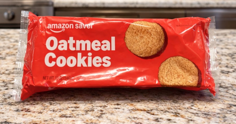 red pack of Amazon Saver Oatmeal Cookies on a kitchen counter