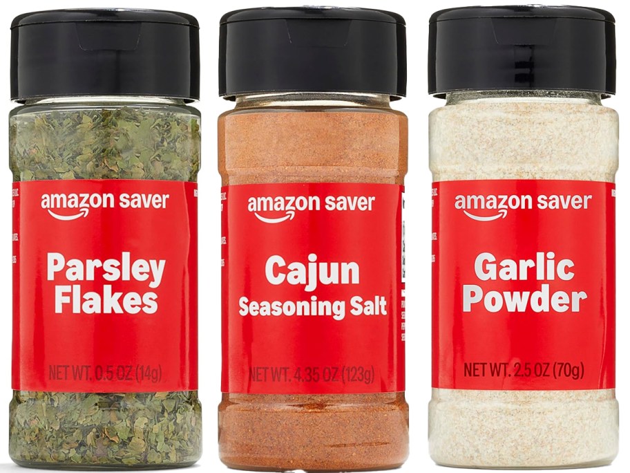 bottles of Parsley Flakes, Cajun Seasoning Salt, and Garlic Powder