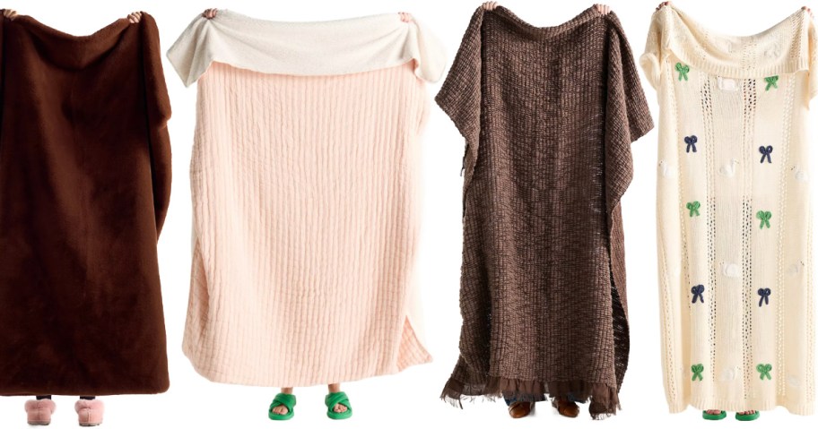 4 people holding up different anthropologie blankets