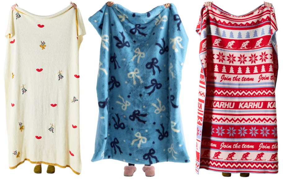 Anthropologie Diane Knitted Icon, Maeve Printed Faux Fur, Karhu Patterned Wool Throw Blankets