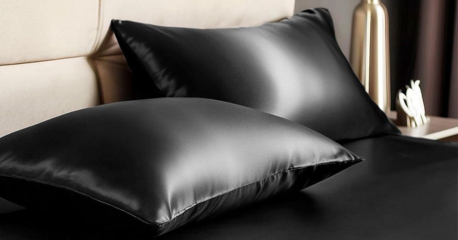 BEDELITE Satin Fitted Sheet & Pillowcase Set on bed