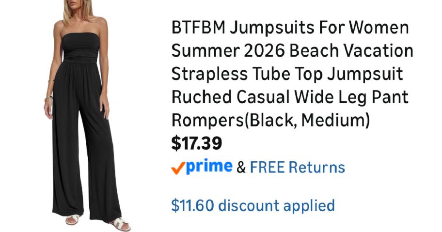 woman wearing black jumpsuit next to Amazon pricing information