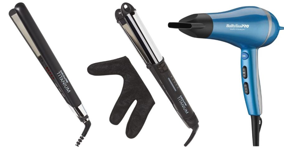 three Babyliss PRO hair styling tools