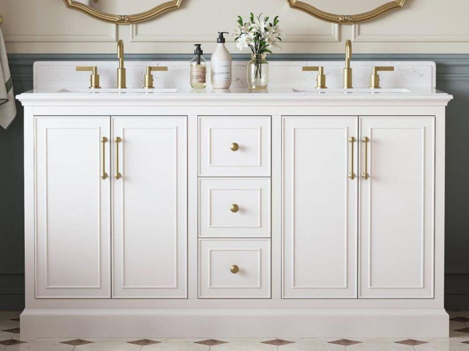 Bathroom vanity in white displayed in the kitchen