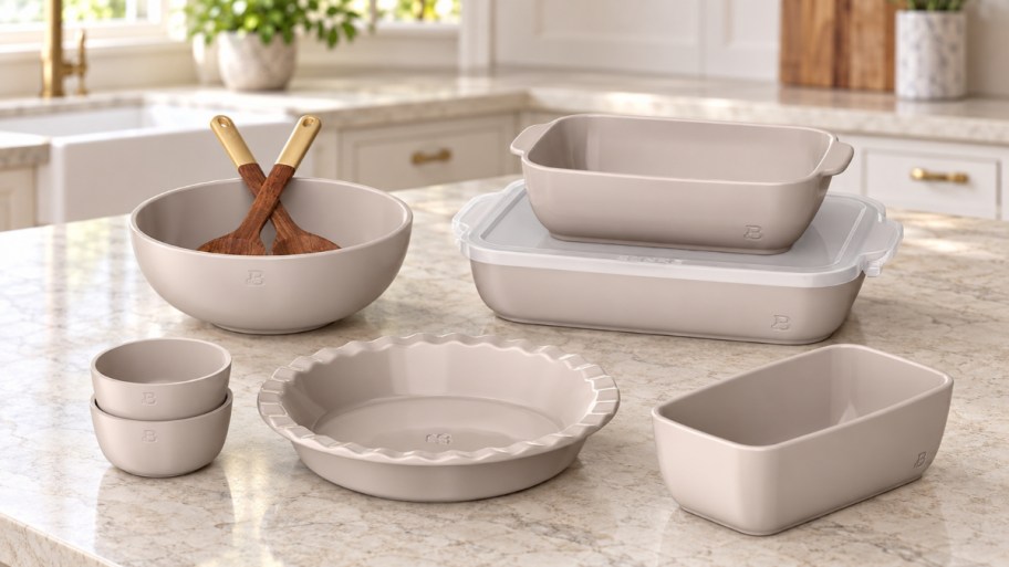 beautiful 10-piece stoneware bake set in taupe