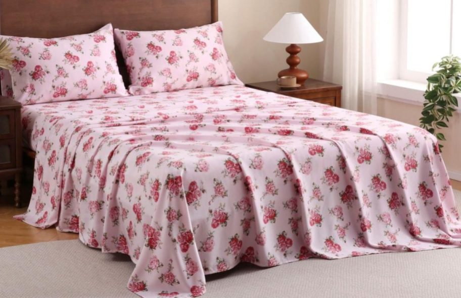 Pink flower bedsheets on display