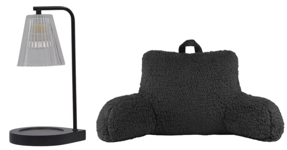 Belle Maison Ribbed Glass Candle Warmer Lamp and The Big One Faux Shearling Backrest in black