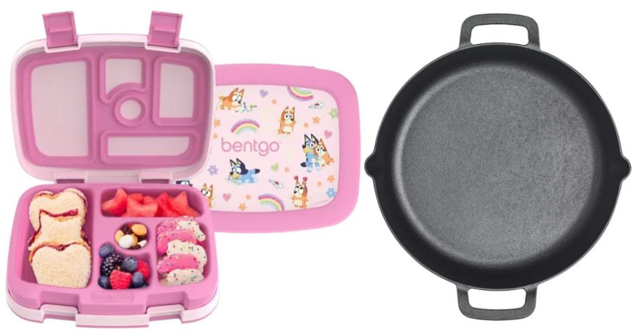 pink Bentgo Kids Bluey Prints Lunch Box and Mingle & Co. 13 Cast Iron Pan w Pour Spout