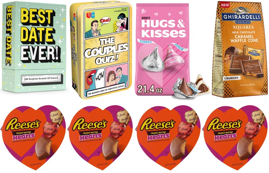 Best Date Ever, The Couples Quiz Game, Hershey's Hugs & Kisses, Reese's Chocolate Peanut Butter Creme Hearts, Ghirardelli Milk Chocolate Waffle Cone Squares