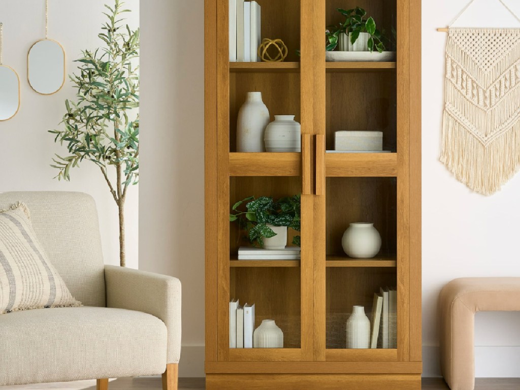 Light honey, colored bookshelf, displayed in living room