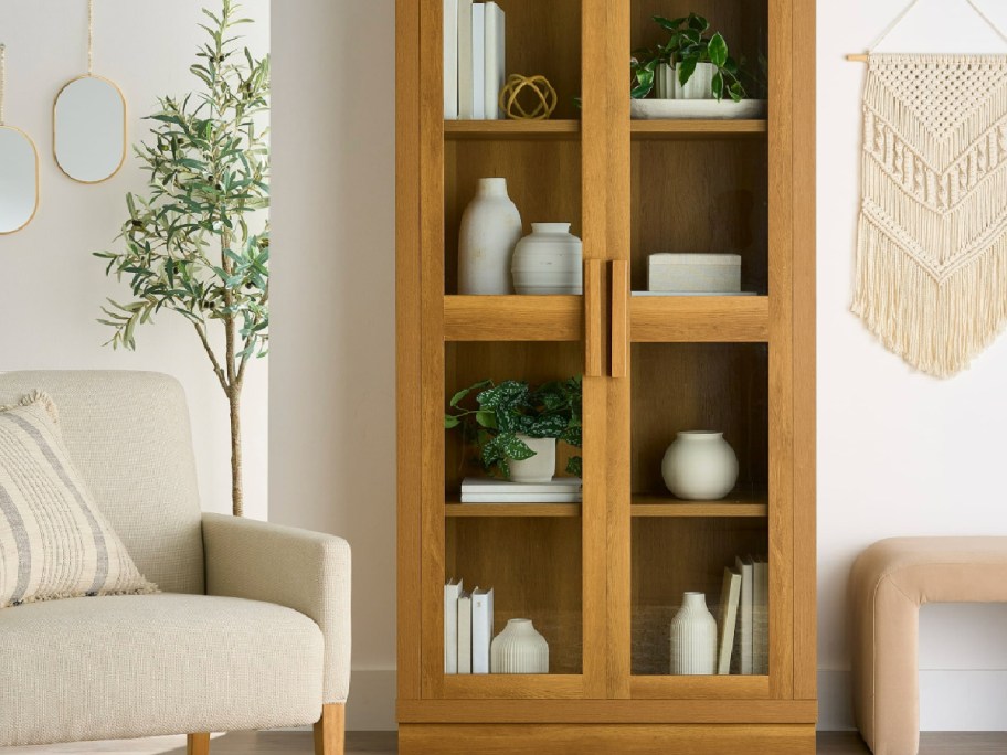 Light honey, colored bookshelf, displayed in living room