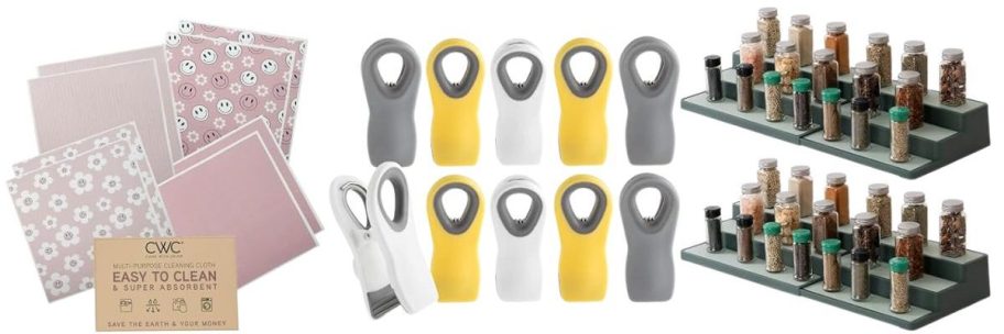 COOK WITH COLOR Eco-Friendly Reusable Swedish Dishcloths 8-Pack and Bag Clips 10-Pack and SIMPLEMADE 3-Tier Spice Rack Organizer 2-Pack