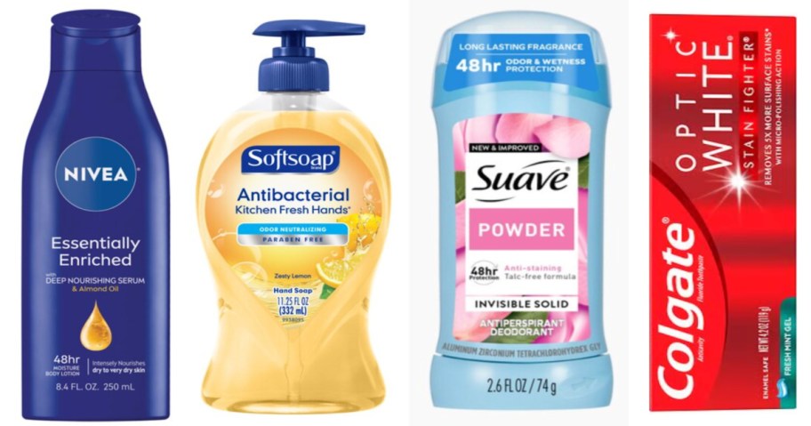 lotion, hand soap, deodorant and toothpaste