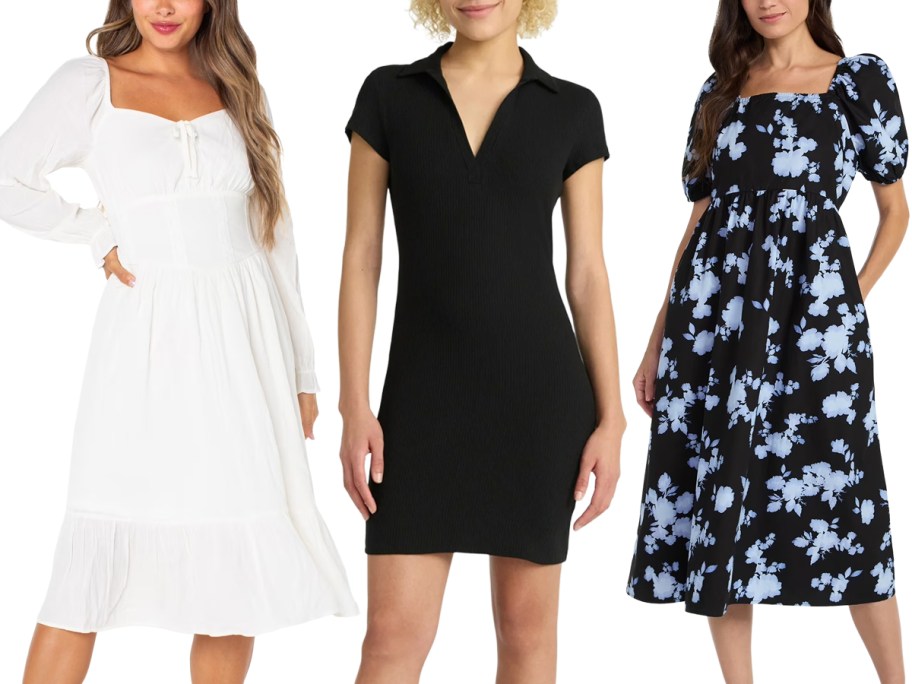 Celebrity Pink Women's Long Sleeve Midi Dress, No Boundaries Ribbed Polo Mini Dress, Time and Tru Women's Back Tie Midi Dress