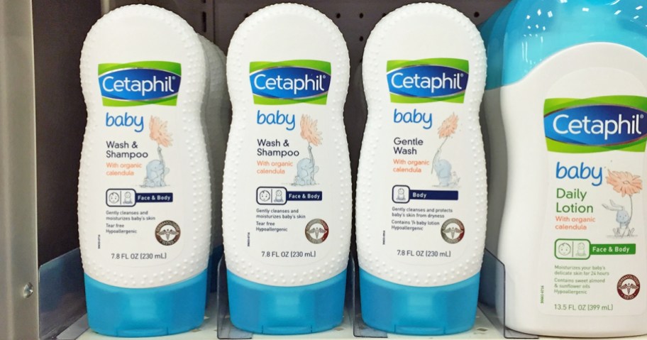 white and blue bottles of Cetaphil Baby Wash & Shampoo on store shelf