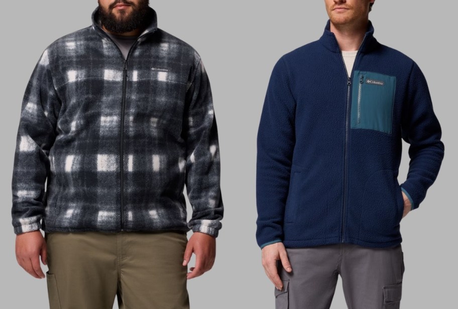 two men in two different styles of columbia fleece jackets