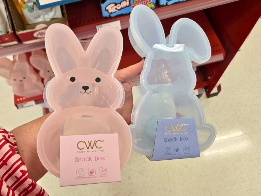 two cook with color easter bunny snackle boxes in pink and blue in store