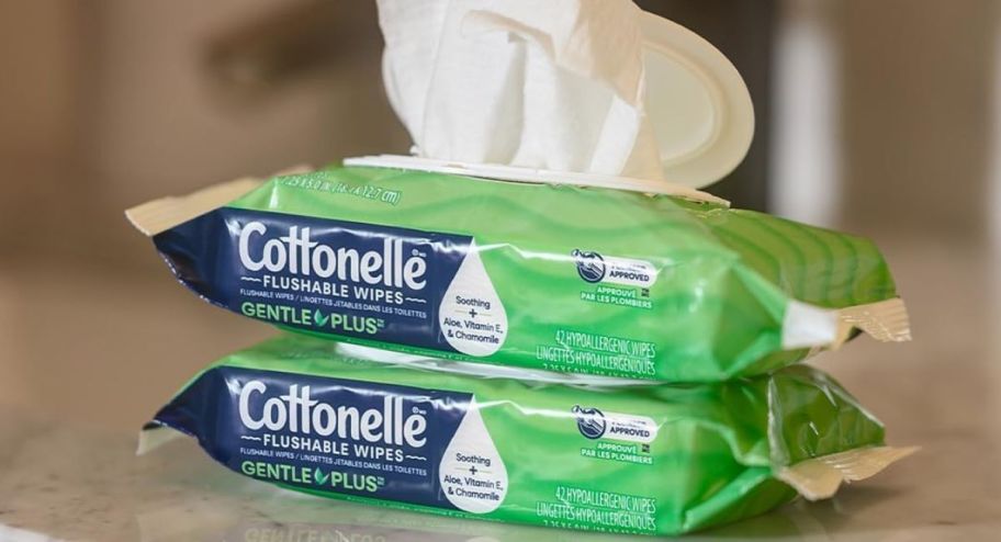 Cottonelle wipes on top of the table 