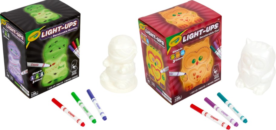 mummy and owl shaped night lights with markers