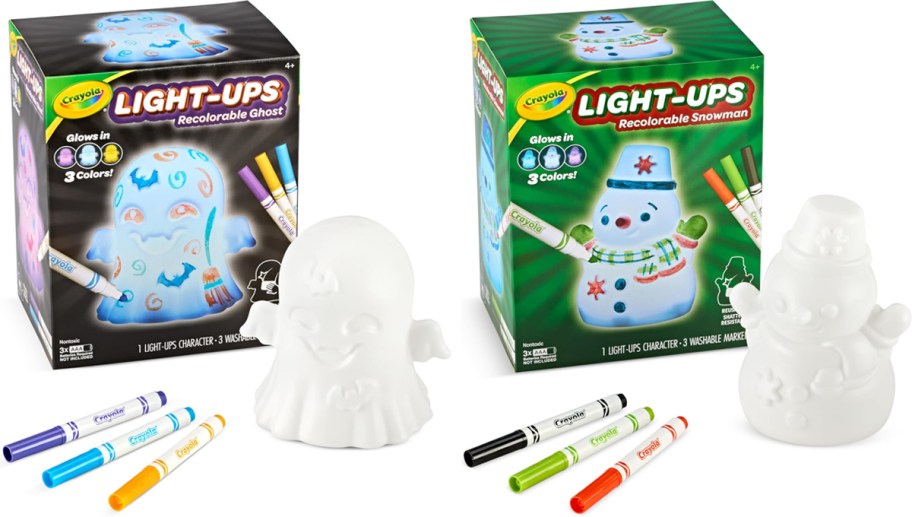ghost and snowman shaped night lights with markers