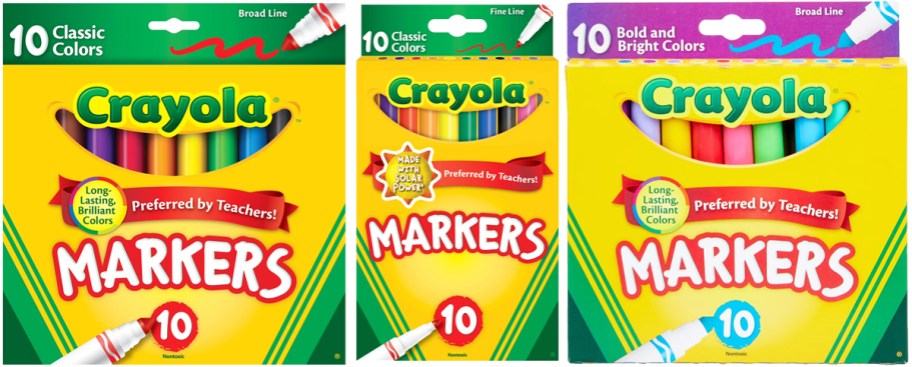 three boxes of crayola markers in a row