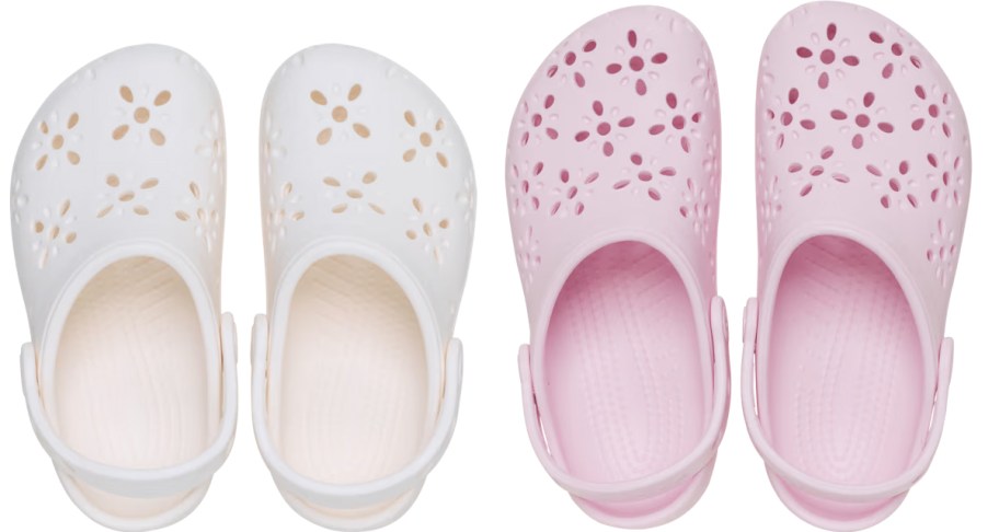 white and pink floral cut-out clogs