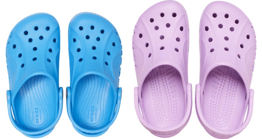 blue and purple pairs of crocs clogs