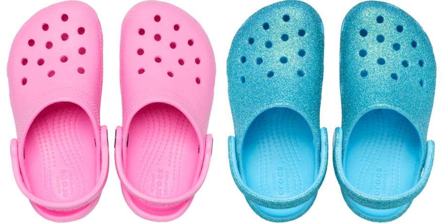 pink and blue pairs of crocs clogs