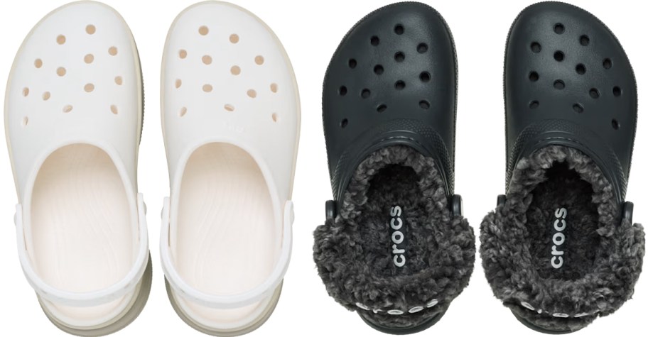 white and black pairs of crocs clogs