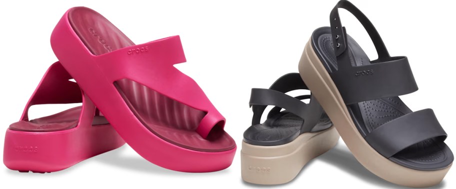 pink and black pairs of wedge sandals