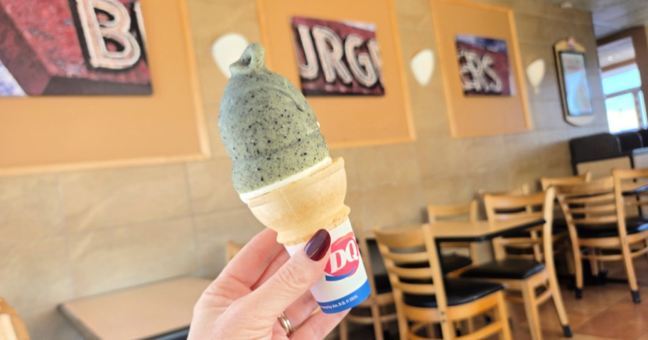 Dairy Queen Mint Crunchin' Cookie Dipped Cone in hand