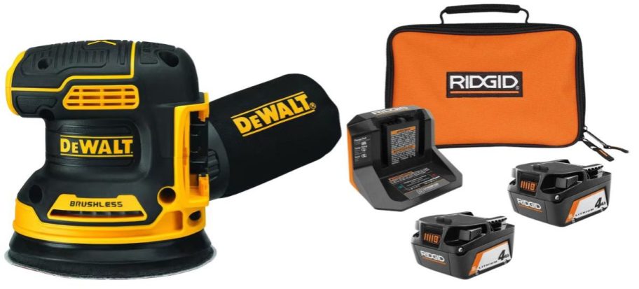 DeWalt 20V MAX XR Cordless Brushless 5 Random Orbital Sander and RIDGID 18V Lithium-Ion Battery Starter Kit