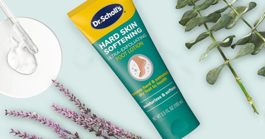tube of Dr. Scholl's Foot Cream near lavender and eucalyptus