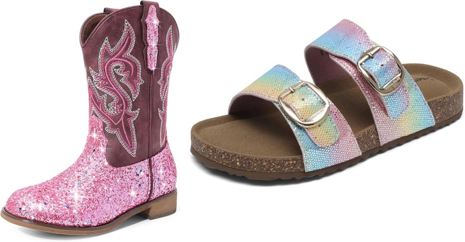 pink cowboy boot and multi-colored sandal